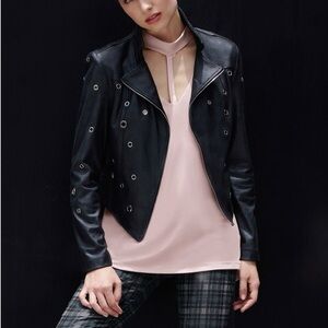 Joseph Ribkoff Black Leather Jacket with Eyelet Details